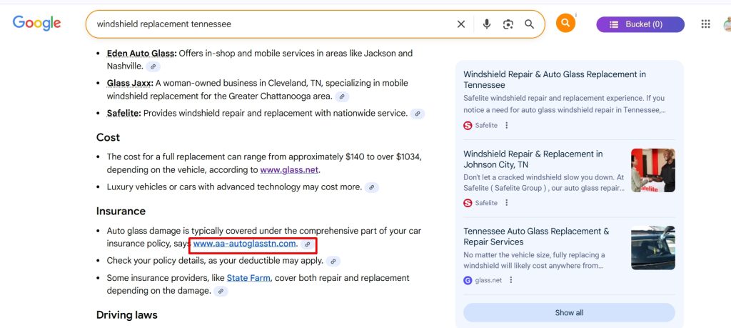 AI search ranking result showing the business named in AI answers